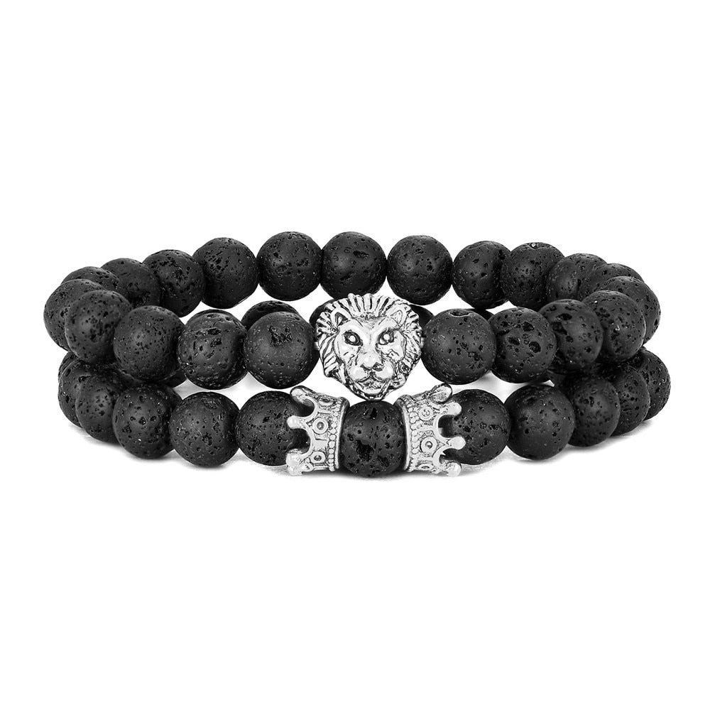 Vintage 2-Piece Set: Lion Head and Crown Charm Bracelets with 8mm Natural Lava Stones - Men's Fashion Jewelry