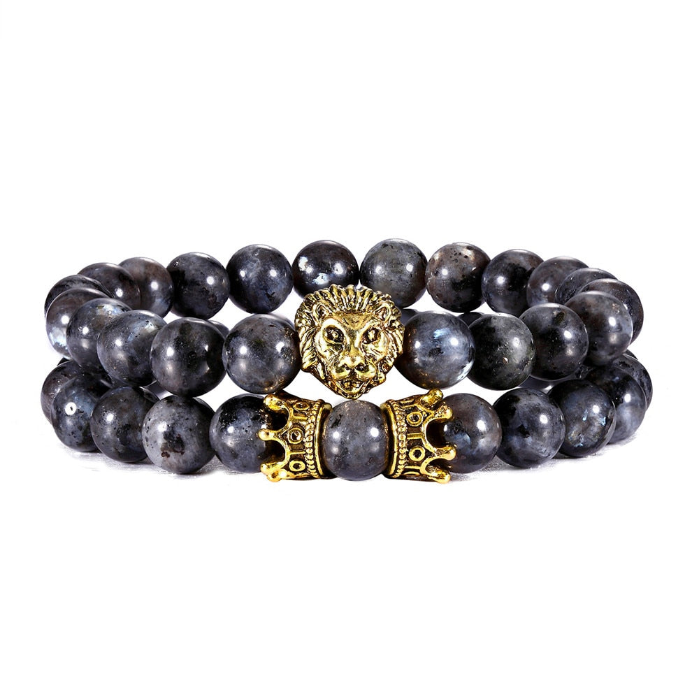 Vintage 2-Piece Set: Lion Head and Crown Charm Bracelets with 8mm Natural Lava Stones - Men's Fashion Jewelry