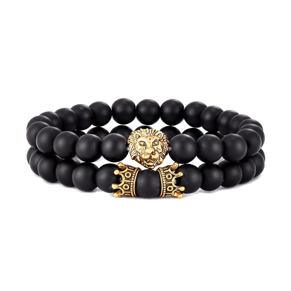 Vintage 2-Piece Set: Lion Head and Crown Charm Bracelets with 8mm Natural Lava Stones - Men's Fashion Jewelry